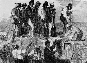 Drawing of slaves, who were impressed into Confederate service, working on fortifications at Savannah in 1863.
