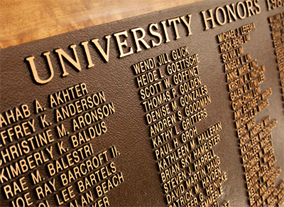 The Bronze Tablet, which is placed in the University of Illinois Library each year, lists those students who have achieved University Honors.