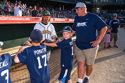 Casey Fletcher greets kids at a recent Joliet Slammers game (Photo courtesy of Joliet Slammers.) 