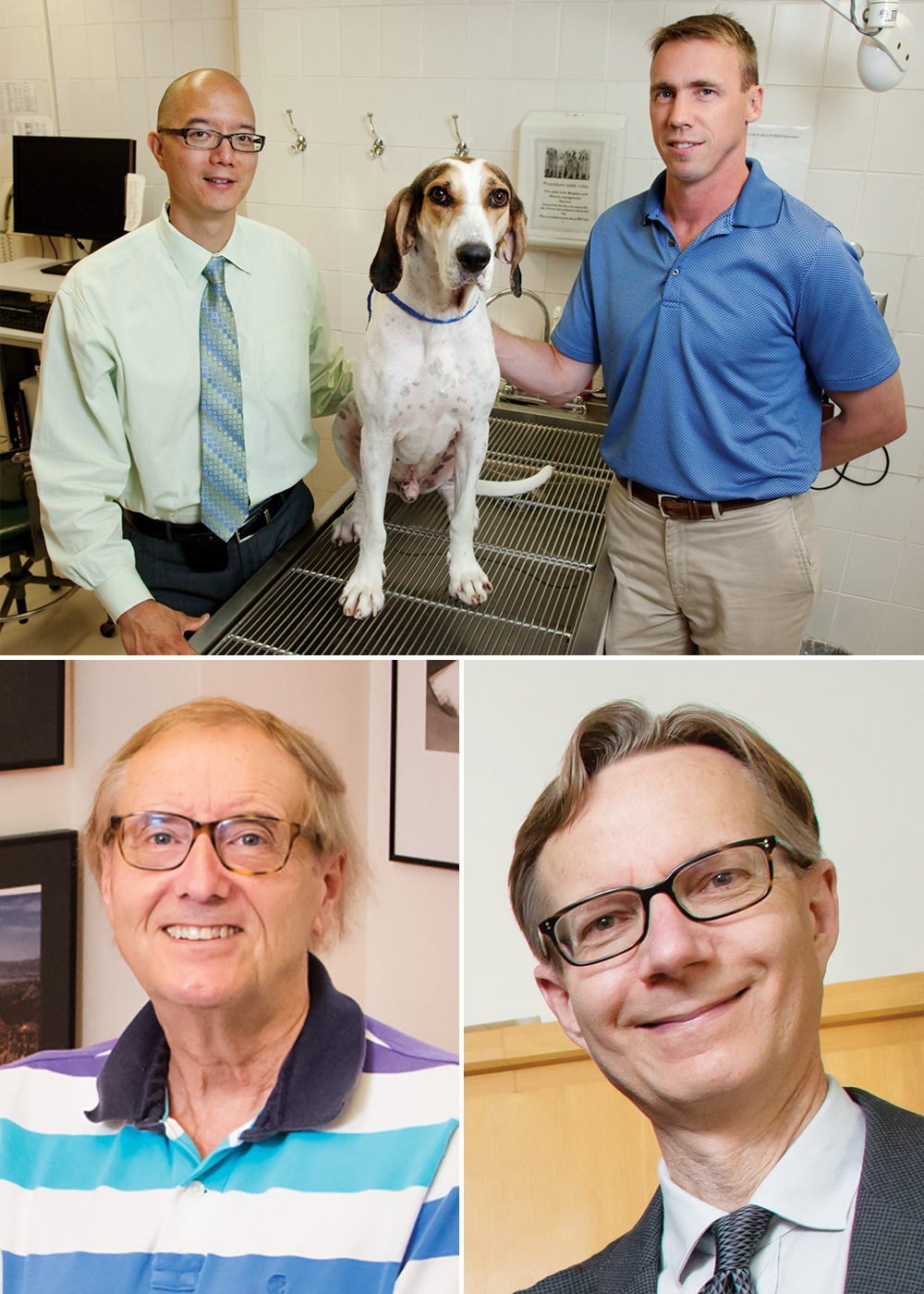 (from top left, clockwise) Timothy Fan, Hoover the research dog, Paul Hergenrother, Steven Zimmerman, and Eric Oldfield. 