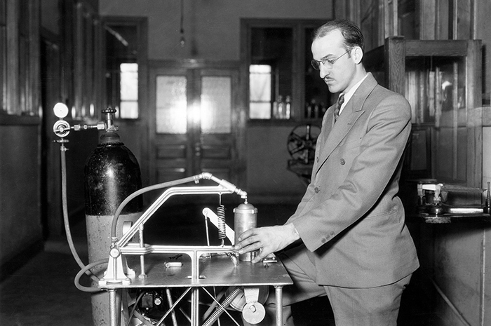 Charles Getz demonstrates his instant whip cream machine at Illinois in the early 1930s. (Image courtesy of University of Illinois Archives.) 