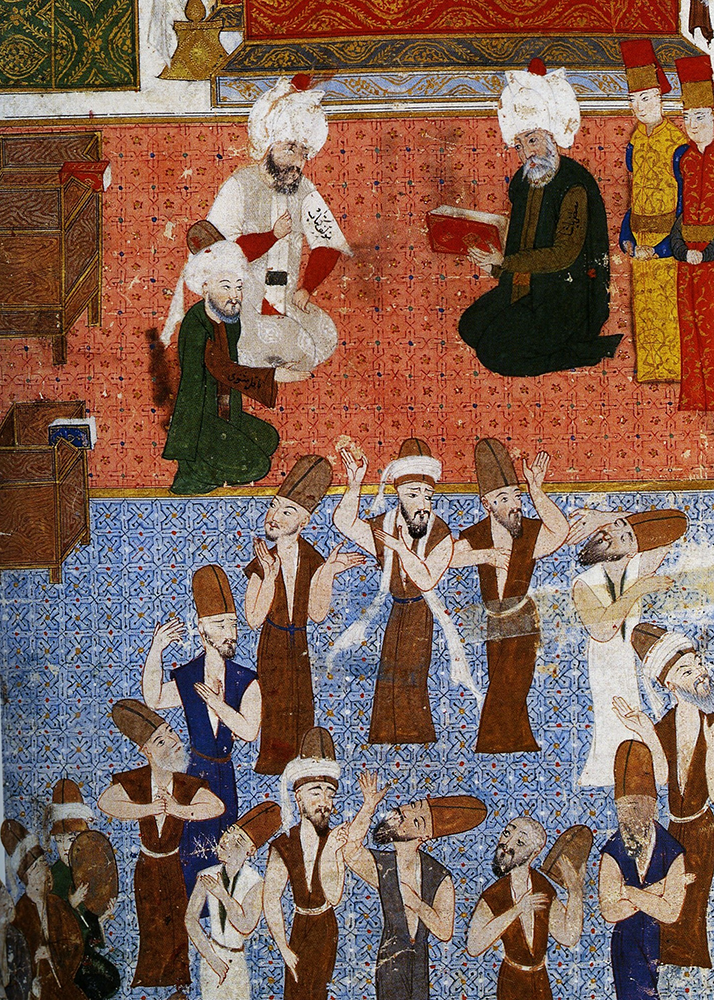 A painting depicts a visit by 16th century Ottoman general Lala Mustafa Pasha to the tomb of Rumi in Konya, Turkey. The image was used to help highlight the Digital Islamic Studies Curriculum in the CourseShare program. (Image courtesy of Valerie Hoffman.)