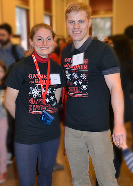 Melinda Lanius, a doctoral student in mathematics, and mathematics professor Philipp Hieronymi, who organized this year’s Math Carnival. (Photo by Elizabeth Innes.) 