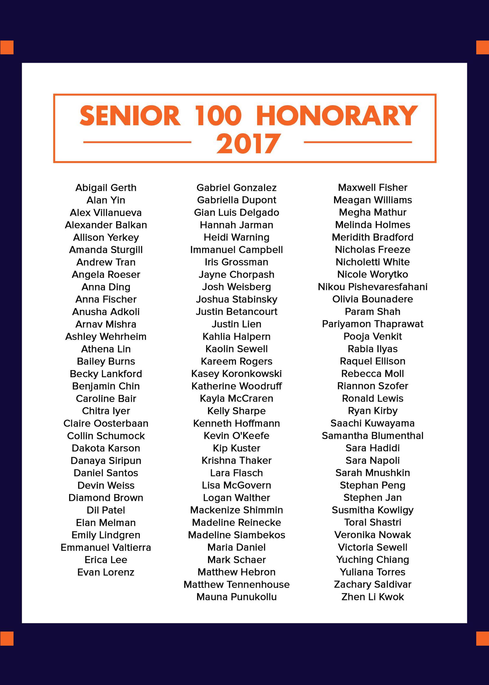 The full list of Senior 100 Honorary recipients (click for a larger image.) 