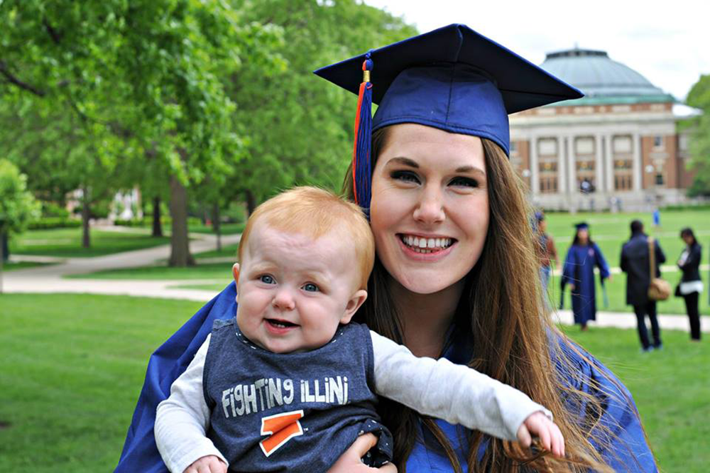 Emma Woods with her daughter, Addison, during 2016 commencement weekend. Now about to launch a new career, Woods said she would not have been able to graduate on time without online courses. (Photo courtesy of Emma Woods.) 