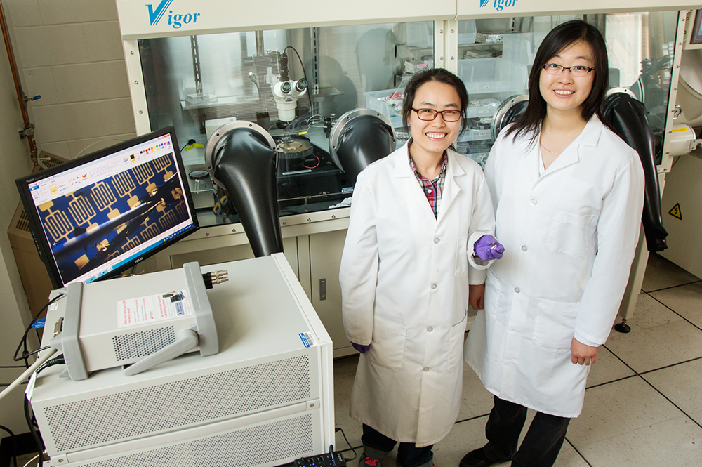 Postdoctoral researcher Fengjiao Zhang (left) and professor Ying Diao developed devices for sensing disease markers in breath.

