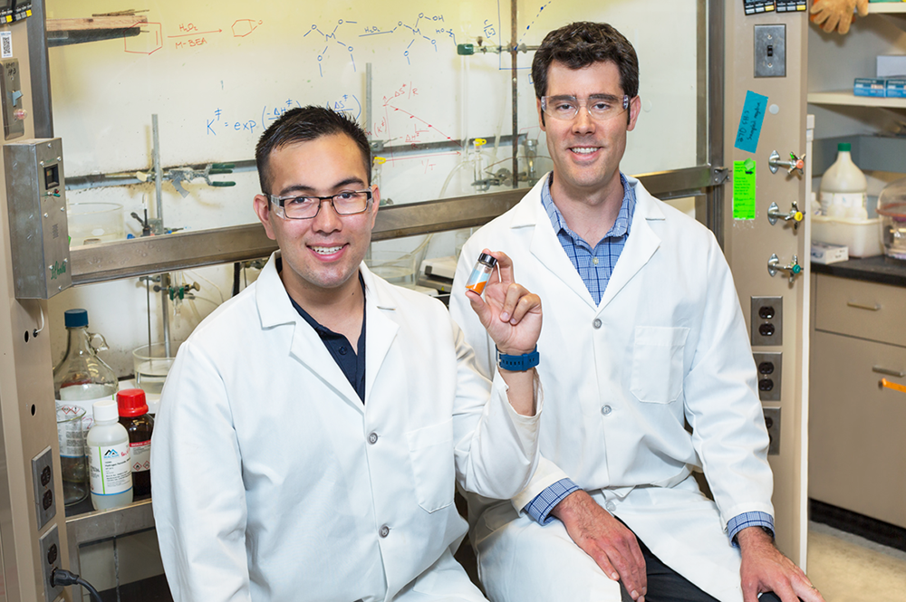 Illinois professor David Flaherty, right, and graduate student Daniel Bregante are working on a greener way to produce plastic and resin precursors that are derived from fossil fuels, a process that might ultimately lead to broader industry adoption of this fine-tuned and environmentally conscious version of a much older process.