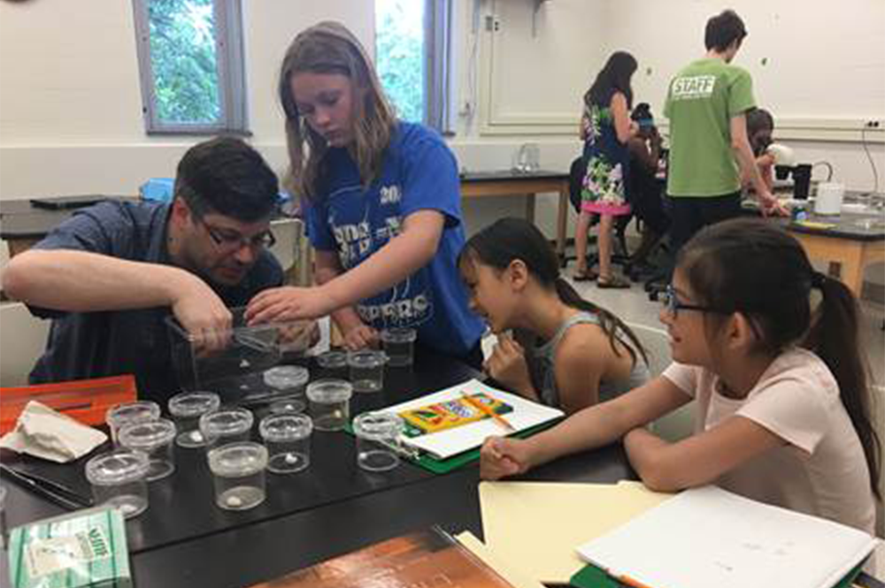 Philip Anderson, professor of animal biology, helps campers examine bugs at the Girls Explore Biology Camp. 