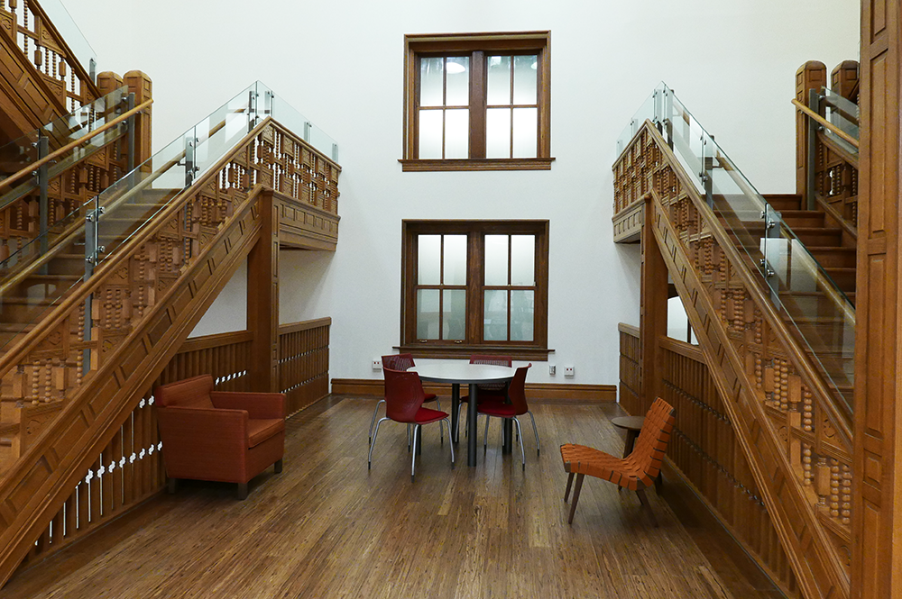 The restoration efforts included salvaging original trim, doors, ceilings, flooring, and other woodwork.