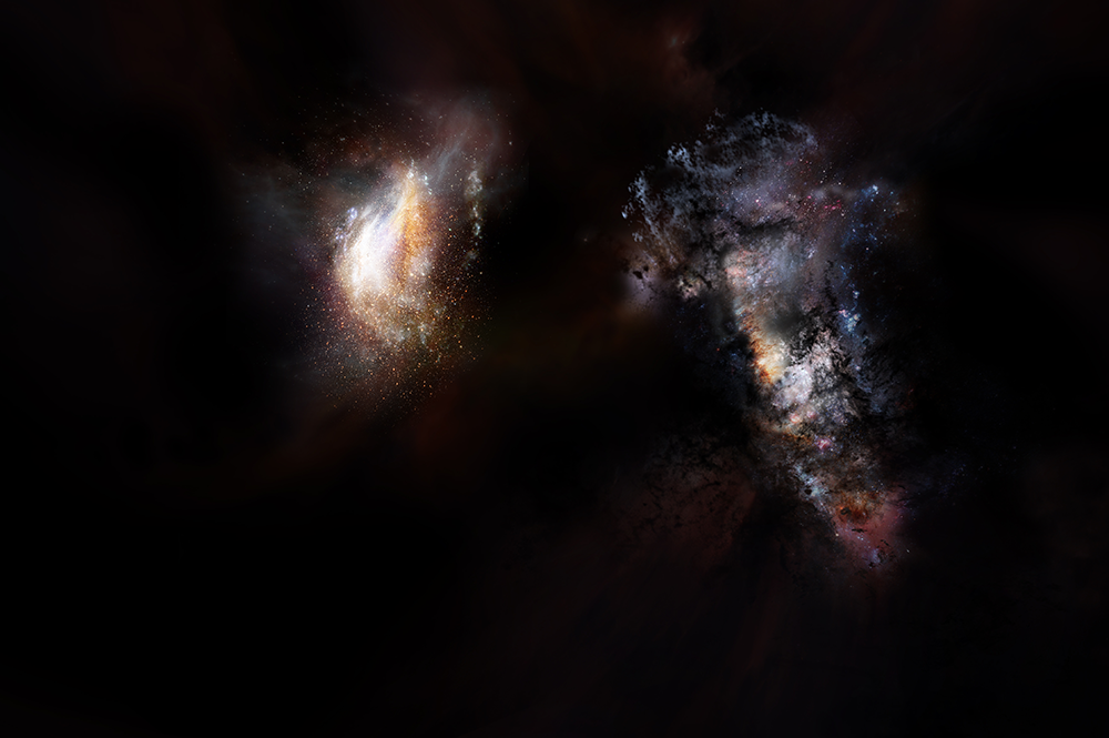 Artist impression of a pair of galaxies from the very early universe. Credit: NRAO/AUI/NSF; D. Berry.