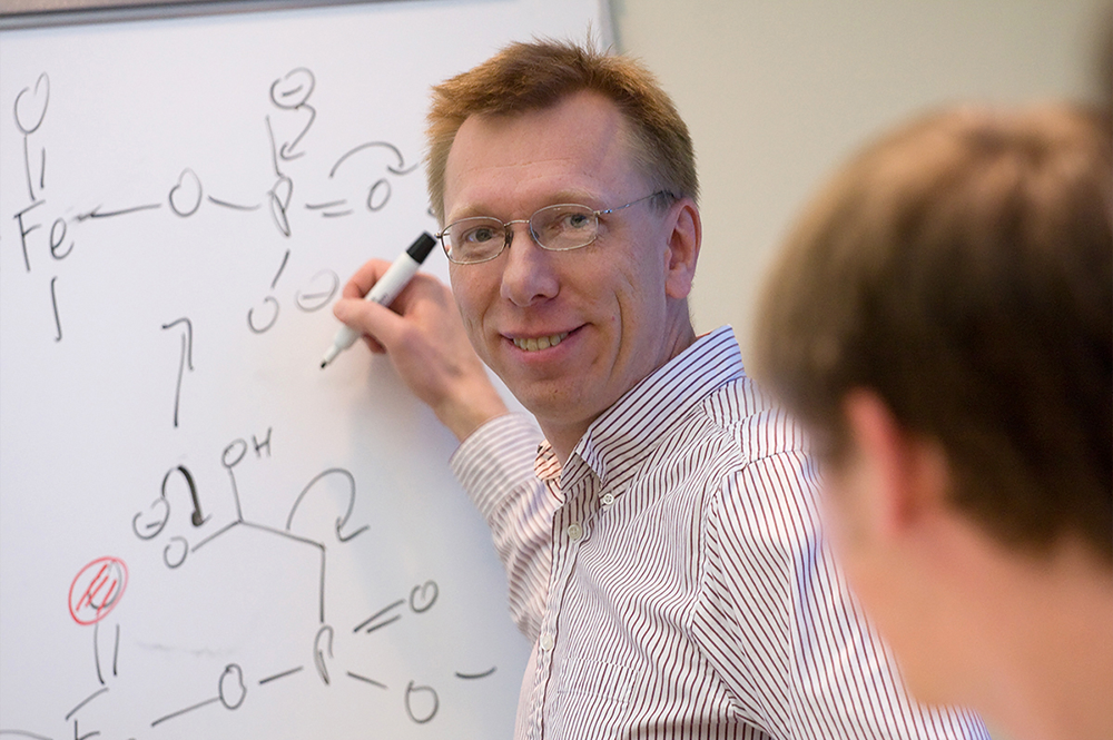 Chemistry professor Wilfred van der Donk and his colleagues developed a new method for generating large libraries of unique cyclic compounds. (Photo by Don Hamerman.) 
