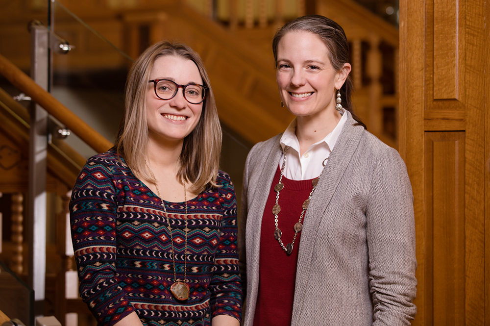Illinois geology professor Patricia Gregg, right, and graduate student Haley Cabaniss have developed the first quantitative model that could help predict supervolcano eruptions. (Photo by L. Brian Stauffer.) 