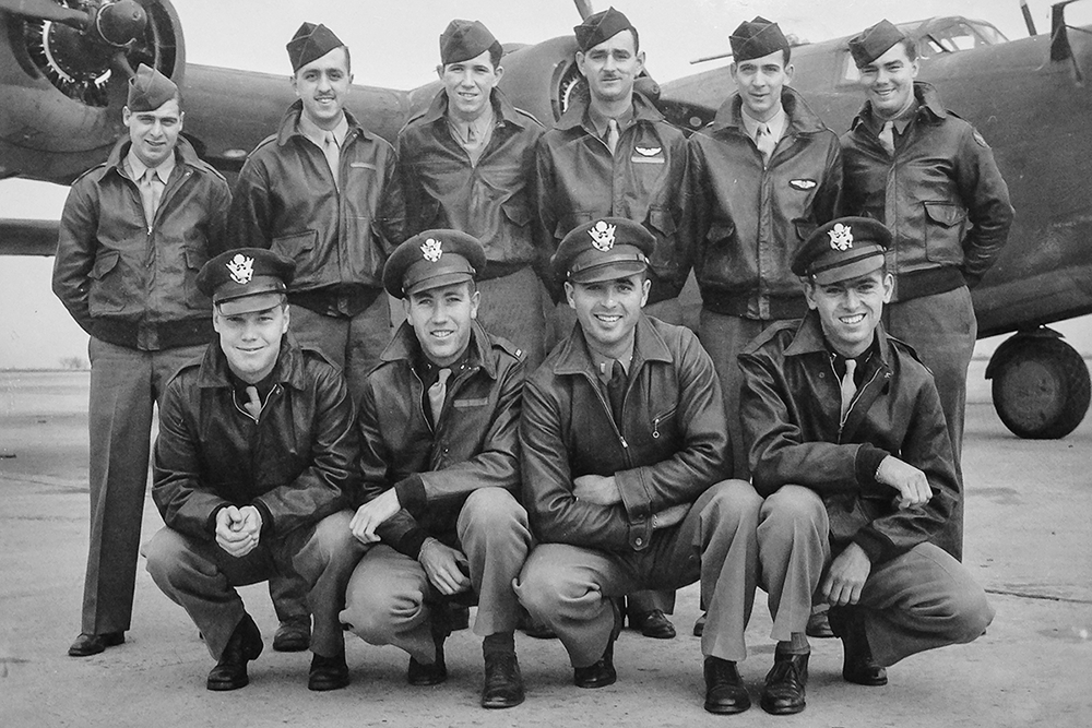 This B-24 crew, plus an additional crewman, was lost on a bombing mission over Papua New Guinea in 1944 during World War II. The bombardier, 2nd Lt. Thomas Kelly Jr., front row far right, was a relative of Illinois professor Scott Althaus. Five years ago, Althaus and members of his extended family formed a research team to learn the details of that final mission, which would also lead to finding the plane, named “Heaven Can Wait.”
(Photo taken during training in 1943.)
