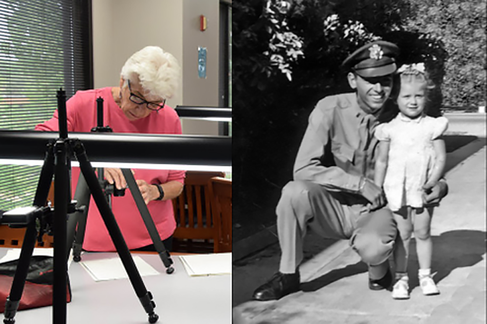 Thomas Kelly Jr.’s cousin Judy Brame photographing archival documents at the University of Memphis as part of the research project, and as a toddler next to Kelly during his Thanksgiving leave in 1943.