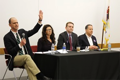 Jon Ebel (left) at a U.S. Congress candidate forum earlier in 2018. (Photo by Tim Gilmore, Illinois Public Media.) 