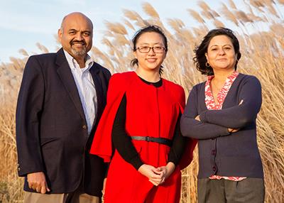 Illinois researchers used a land-surface model to determine regions in the United States where bioenergy crops would grow best. Pictured are atmospheric sciences professor Atul Jain, graduate student Yang Song, and agricultural and consumer economics professor Madhu Khanna. (Photo by L. Brian Stauffer.)