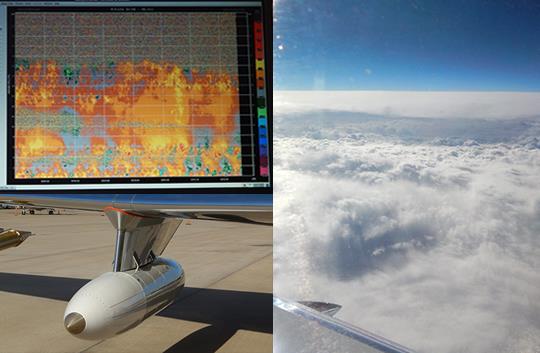Top left: Bob Rauber reviewed the radar data as it came in in real time. Bottom left: A closeup of the wing-mounted radar pod. Right: A view of the top of the Nor'easter from the aircraft.