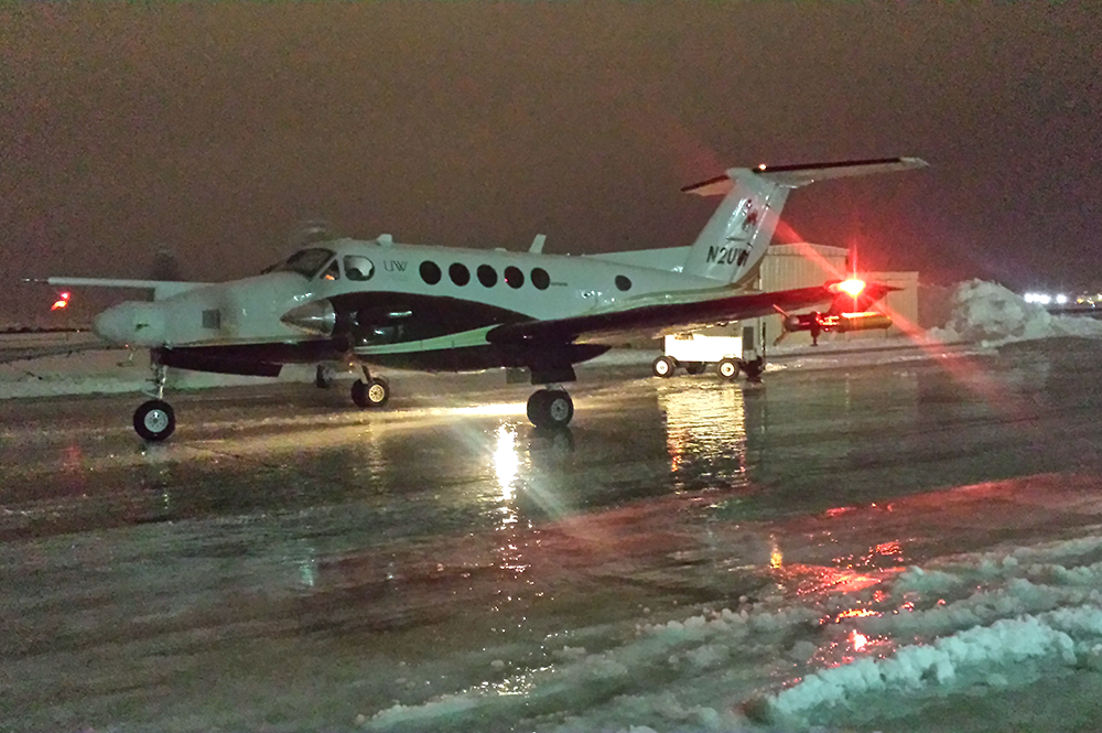 A King Air from the University of Wyoming is being used to measure the effects of silver iodide during the SNOWIE cloud seeding project. (Photo by Matt Burkhart.) 