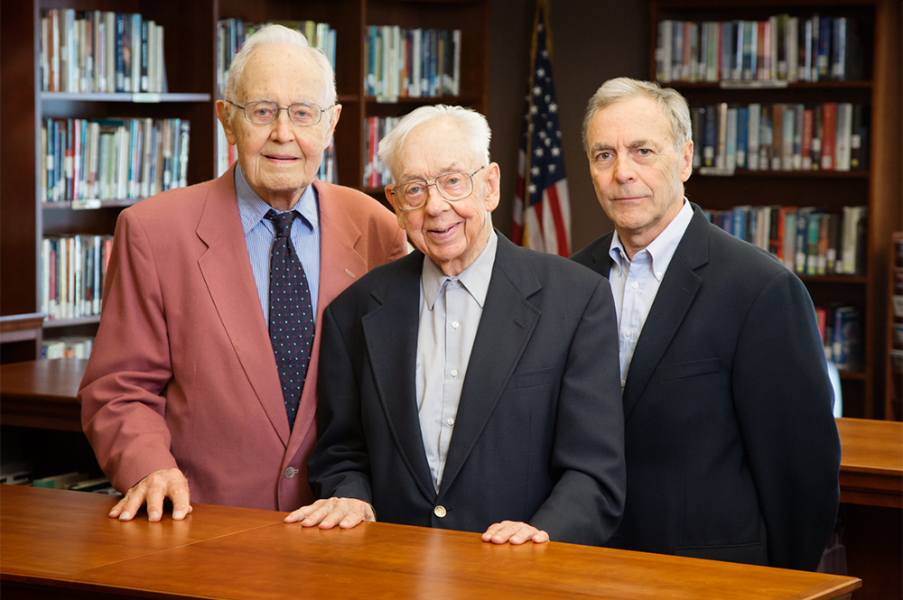 The University of Illinois is honoring three men who have helped preserve the history of the university. Recipients of the Chancellor‘s Medallion are, from left, Winton Solberg, history professor emeritus; Maynard Brichford, the first university archivist; and William Maher, the current University Archivist.