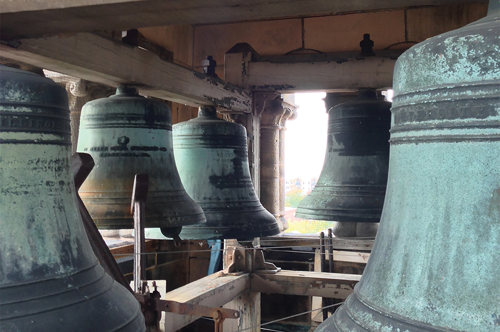 A close-up view of the Altgeld Hall tower bells. Altgeld is awaiting a roughly $90-$100 million renovation. (Photo by Heather Gillett.)