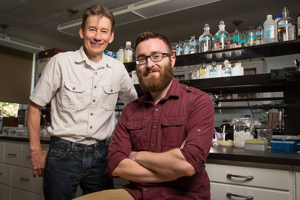 Professor Ken Paige, standing, and graduate student Miles Mesa study the molecular underpinnings of plant defenses.