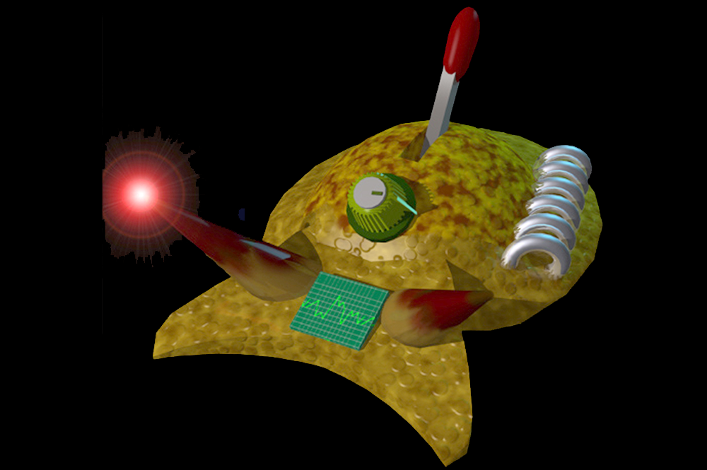 Cyberslug, depicted in this cartoon as a cyborg, is an artificially intelligent creature. (Graphic by Mikhail Voloshin.) 