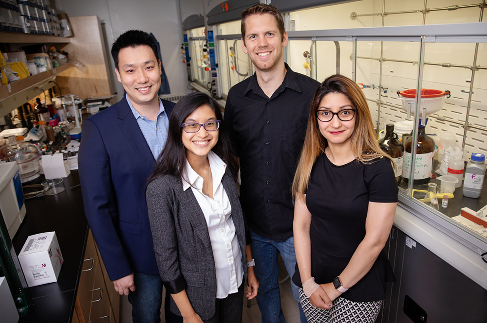 University of Illinois researchers developed a molecular probe that can tag and track elusive cancer stem cells in both cell cultures and live organisms. From left: chemistry professor Jefferson Chan, graduate students Chelsea Anorma and Thomas Bearrood, and postdoctoral researcher Jamila Hedhli. (Photo by L. Brian Stauffer.) 