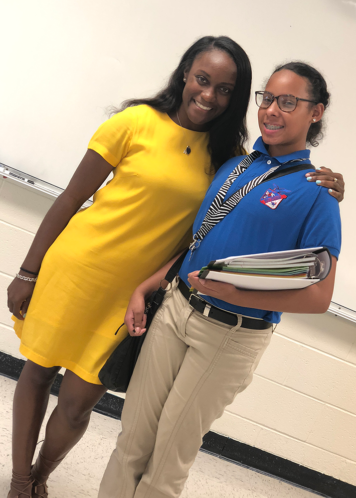 Shakari Stroud, left, with a student in Oklahoma City, where she works for Teach for America. (Photo courtesy of Shakari Stroud.) 